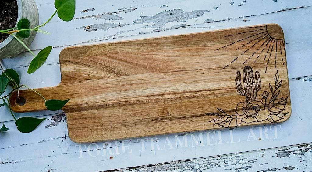 Cactus Acacia Wood Burned Charcuterie Board