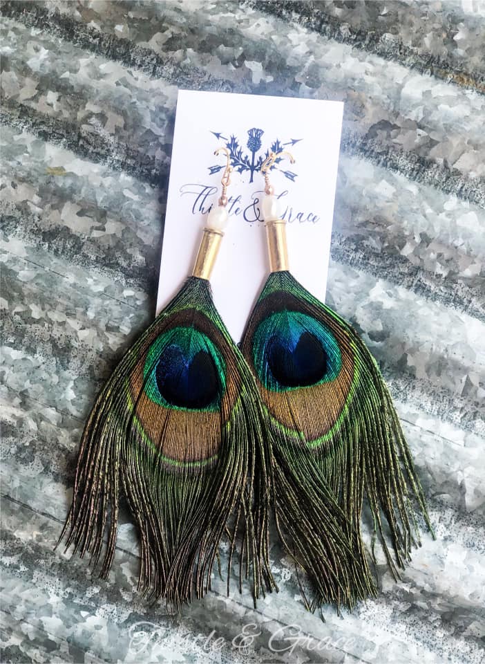 Peacock Feather, Pearl & Bullet Eearrings