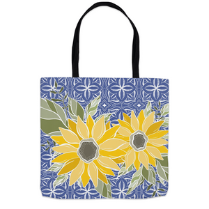 Art Deco Sunflower Blue Tote Bag