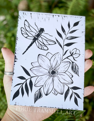 Floral Dragonfly Linoprint