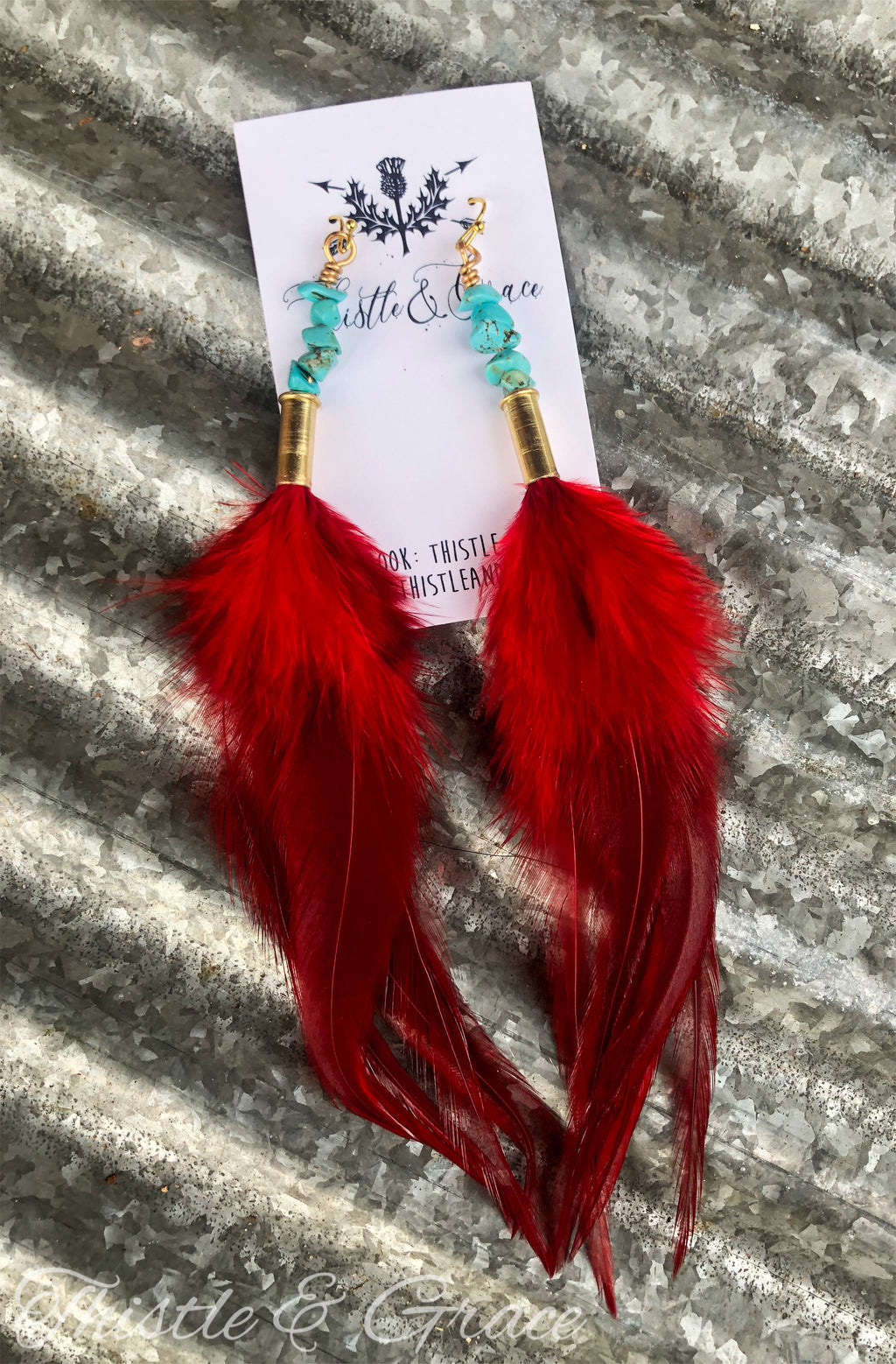 Red Feather & Turquoise Bead Bullet Earrings