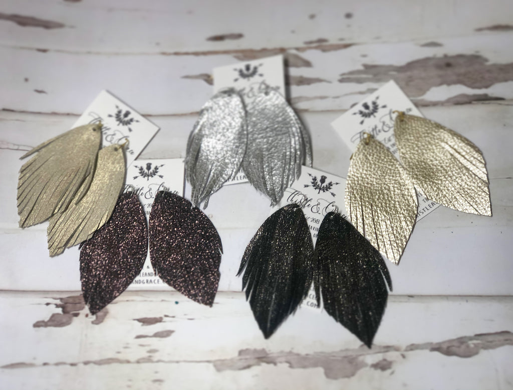 Neutral Metallic Leather Feather Earrings