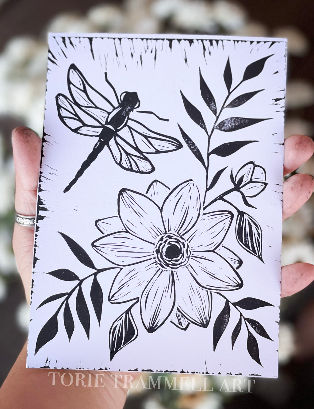 Floral Dragonfly Linoprint