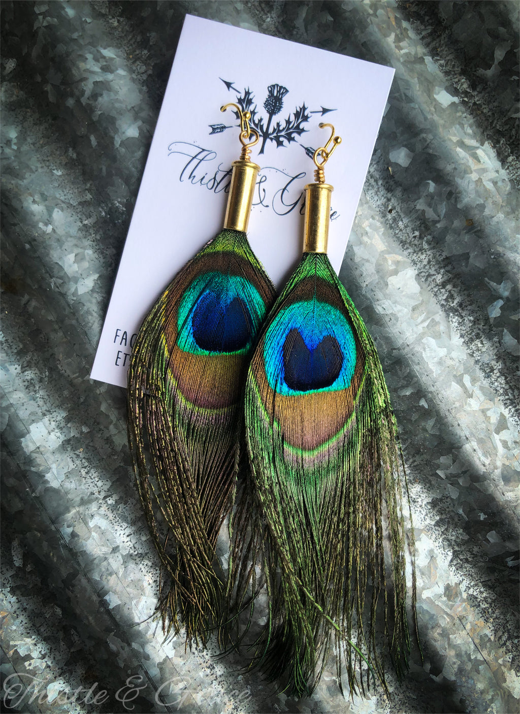 Peacock Feather & Bullet Earrings