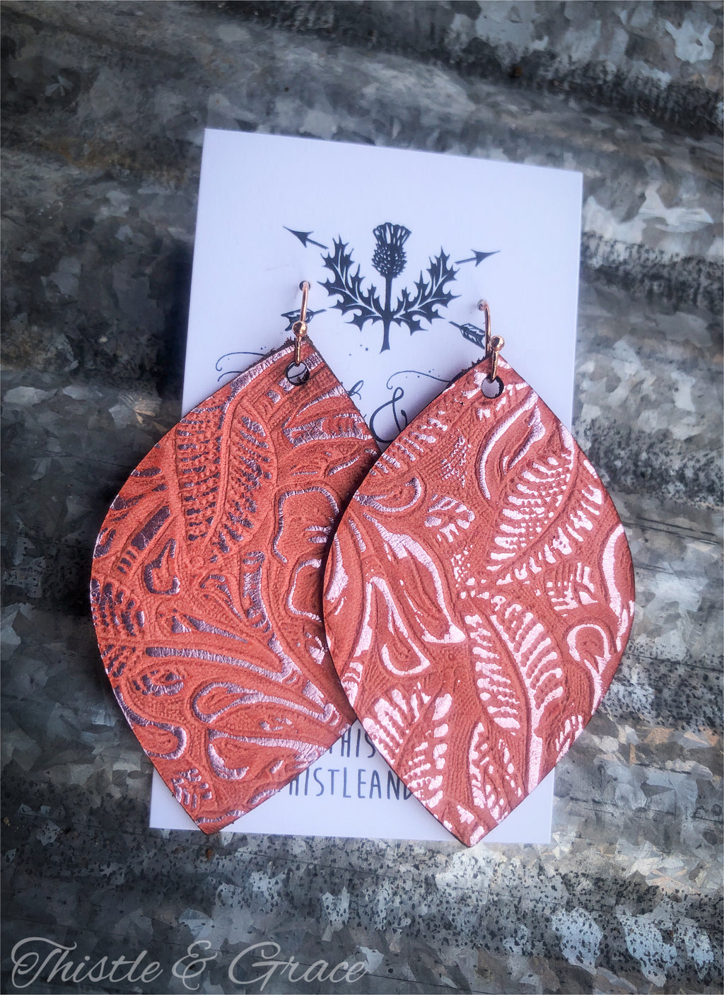 Coral & Rose Gold Embossed Leather Earrings