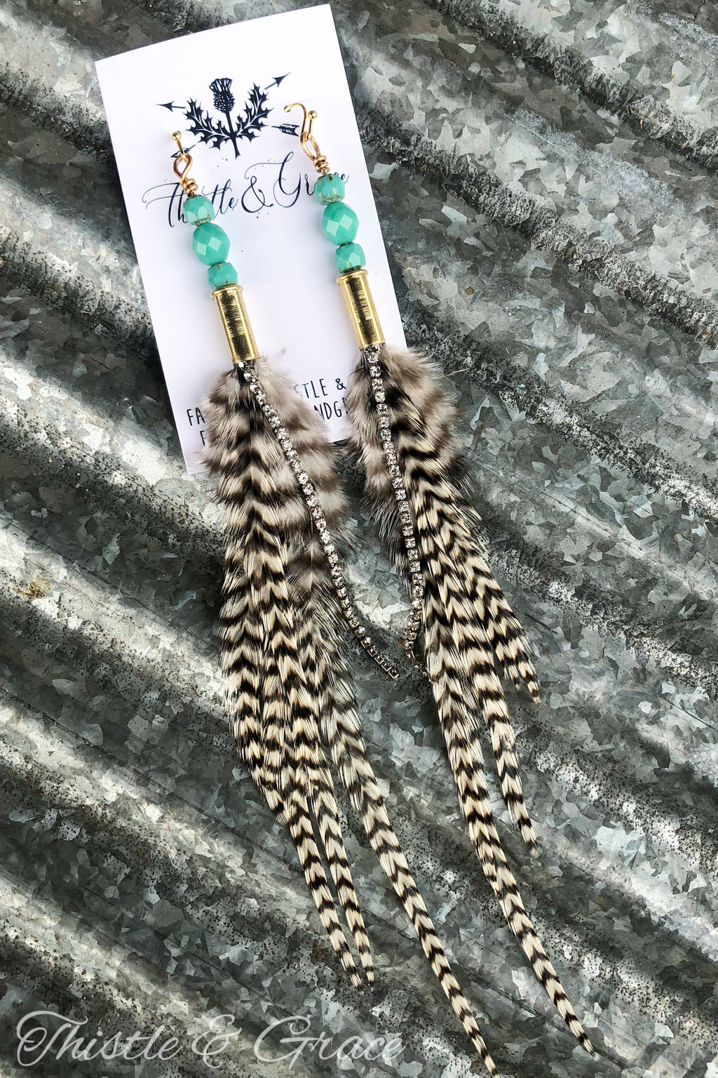 Black & White Feather, Turquoise Bead Bullet Earrings