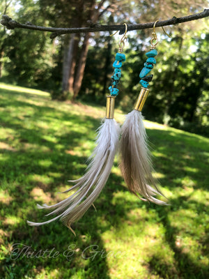 Bullet, Turquoise Bead & Feather Tassel Earrings