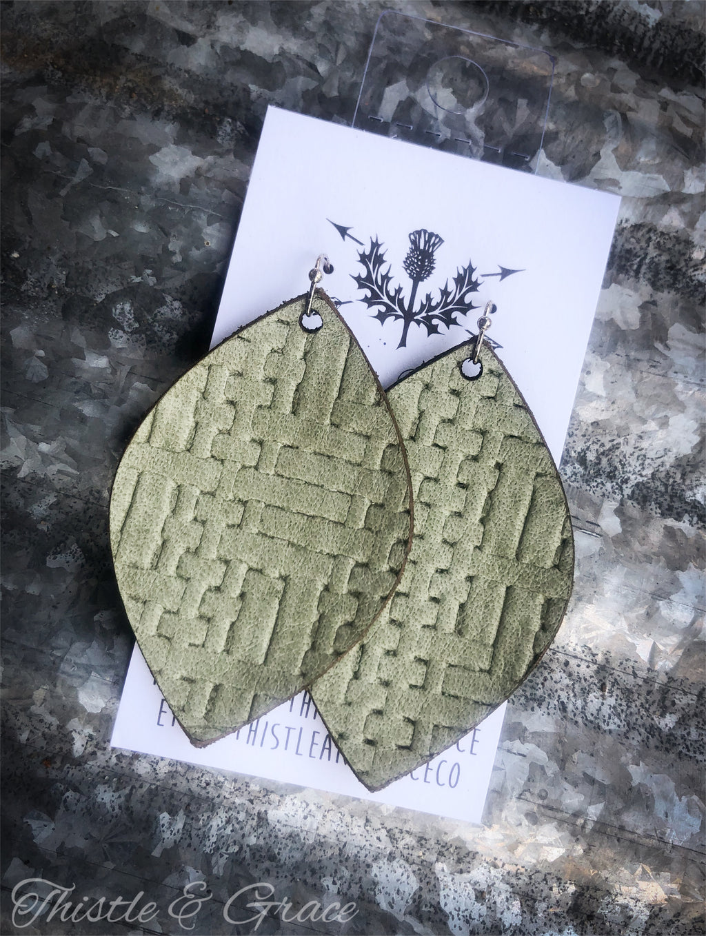 Green Textured Leather Earrings