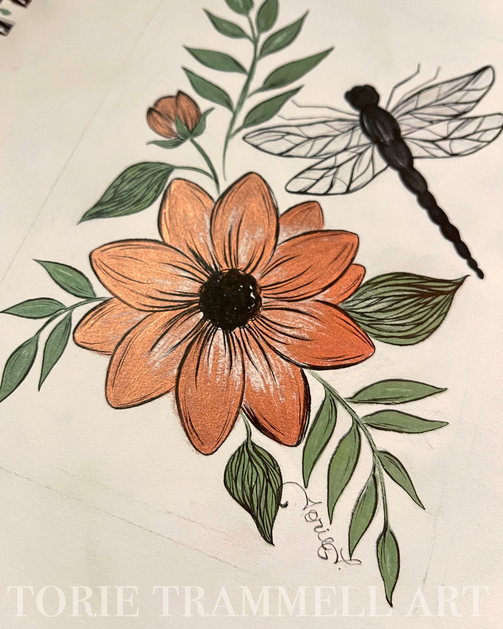 Original Dragonfly Floral in Ink & Copper