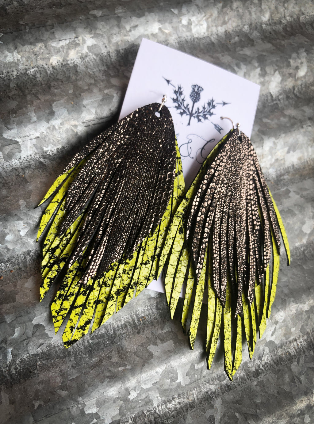 Black & Chartreuse Leather Feather Earrings