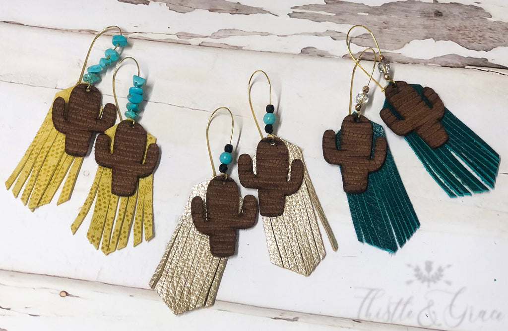 Leather Cactus & Fringe Earrings