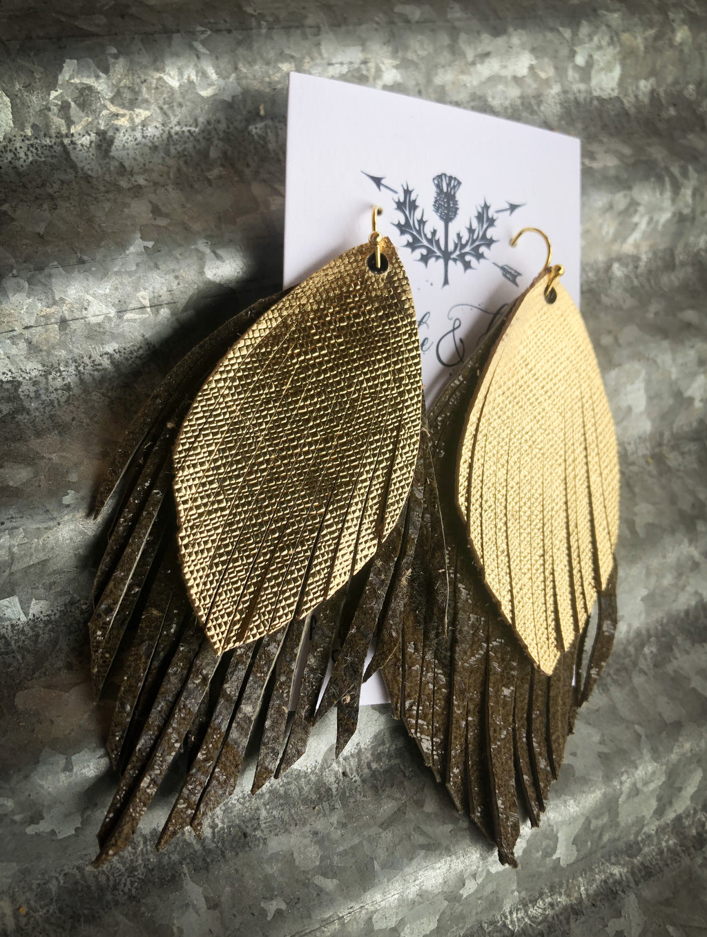 Gold & Olive Leather Feather Earrings