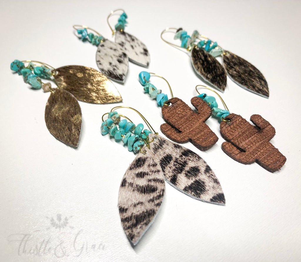 Cowhide Leather & Turquoise Stone Earrings