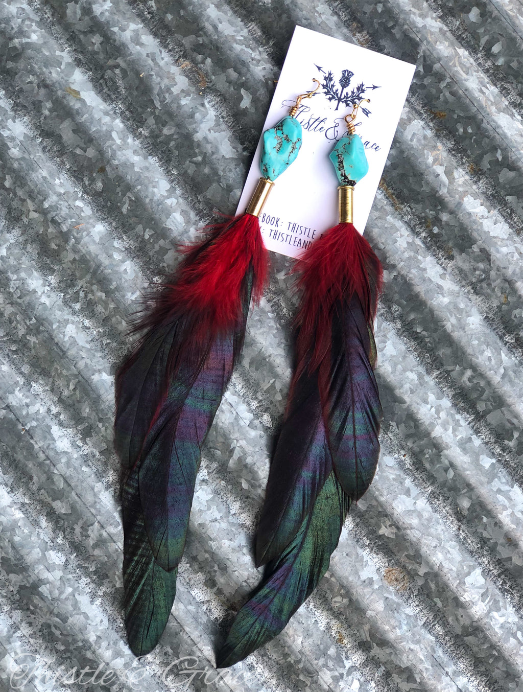 Turquoise, Bullet & Red Feather Earrings