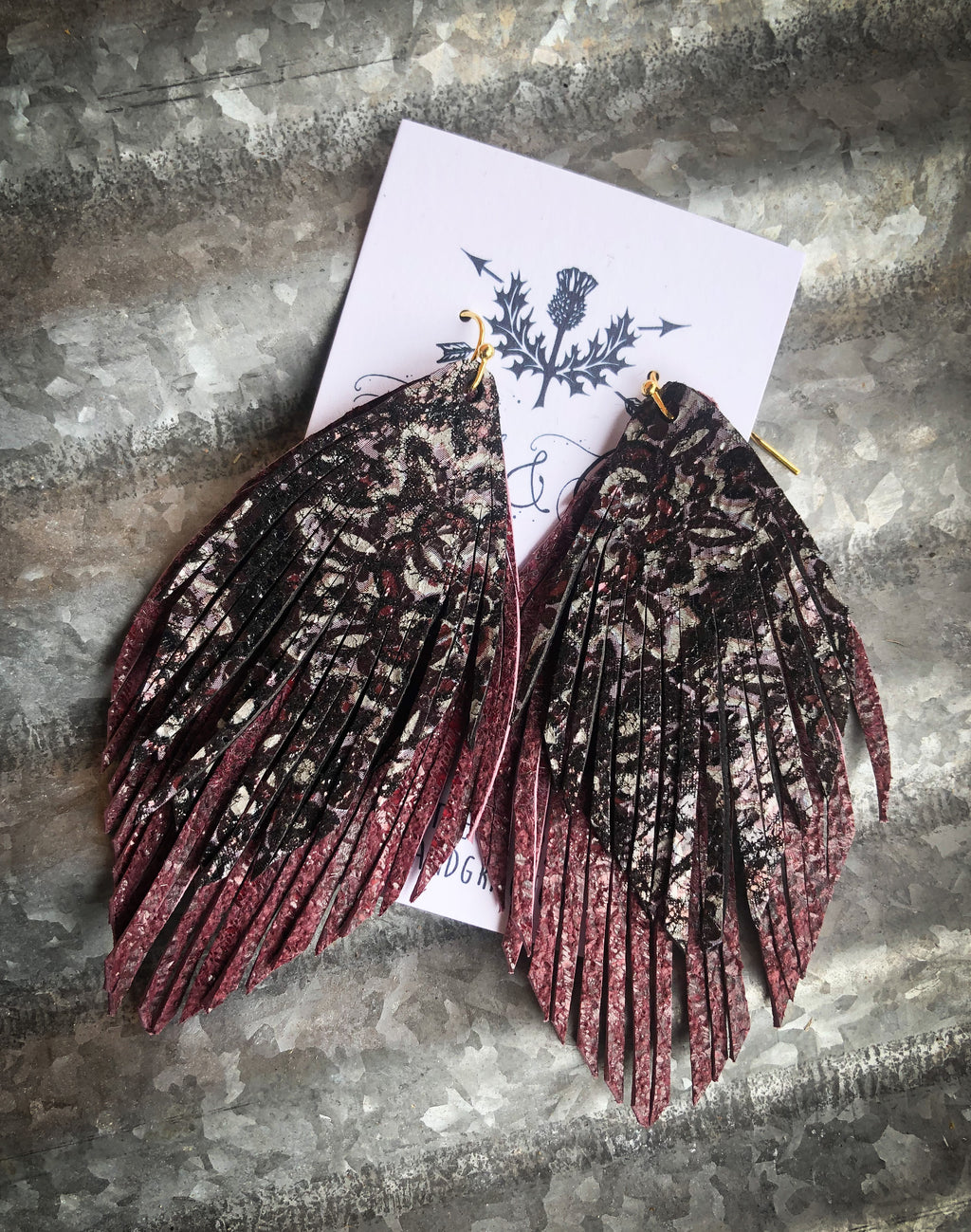 Floral & Burgundy Leather Feather Earrings