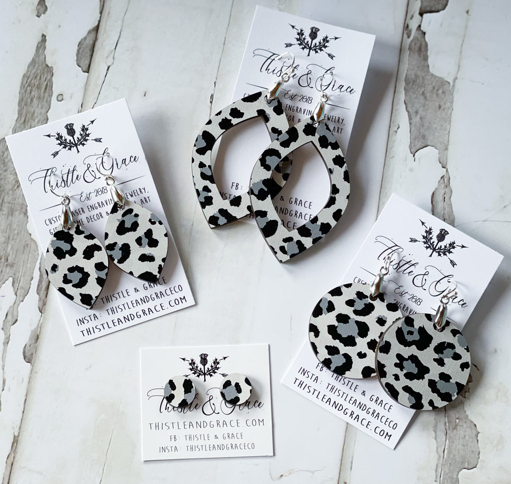 Grey Leopard Wood Print Earrings