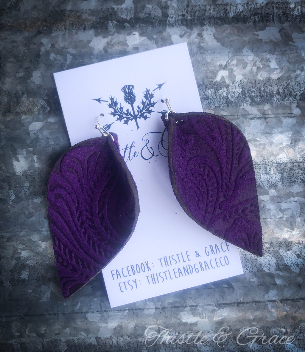 Purple Textured Leather Earrings