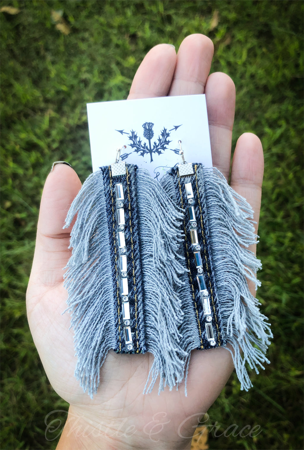 Frayed Denim & Rhinestone Earrings