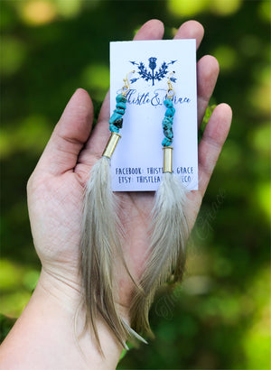 Bullet, Turquoise Bead & Feather Tassel Earrings